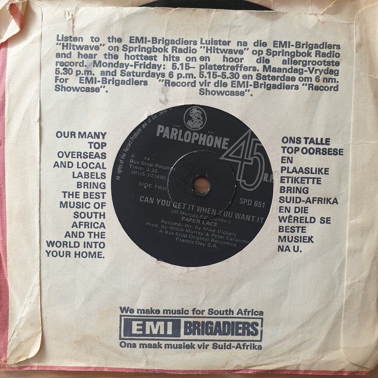 Paper Lace – The Night Chicago Died - Vinyl 7" Record - Very-Good Quality (VG)  (verry7)