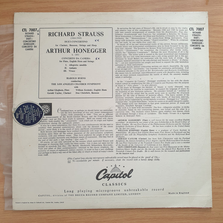 Richard Strauss - Arthur Honegger, The Los Angeles Chamber Orchestra, Gerard Schwarz – Duet-Concertino / Concerto Da Camera – Vinyl LP Record - Very-Good+ Quality (VG+) (verygoodplus)