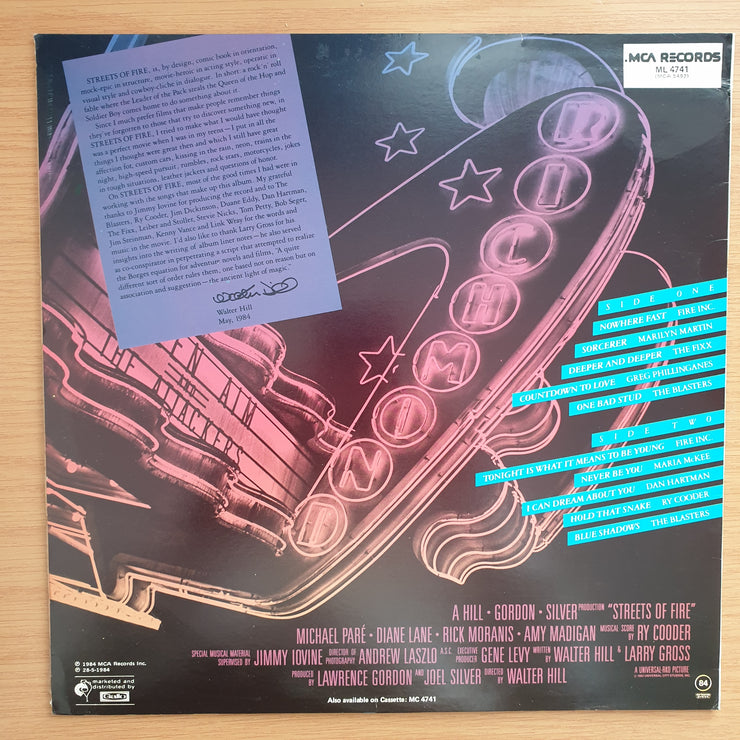 Streets Of Fire - Music From The Original Motion Picture Soundtrack - Vinyl LP Record - Very-Good+ Quality (VG+)
