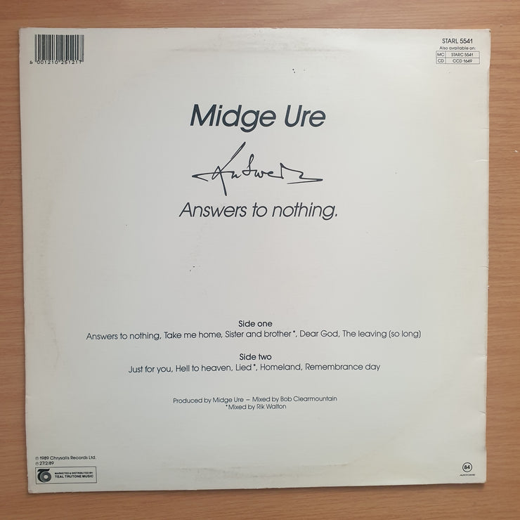 Midge Ure – Answers To Nothing - Vinyl LP Record - Very-Good+ Quality (VG+) (verygoodplus)