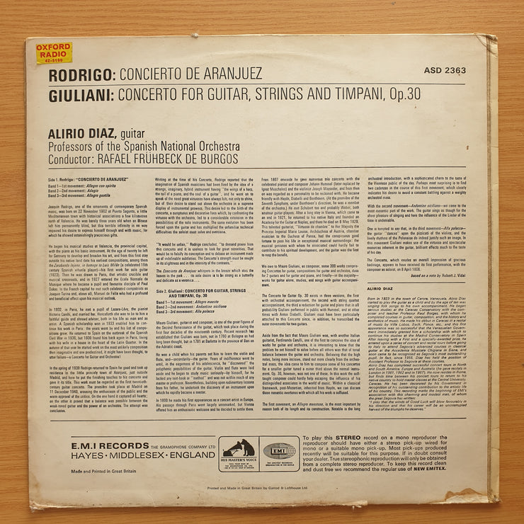 Alirio Diaz, Rodrigo, Giuliani, Rafael Frühbeck De Burgos – Concierto De Aranjuez / Concerto For Guitar, Strings And Timpani, Op. 30 – Vinyl LP Record - Very-Good Quality (VG) (verry)