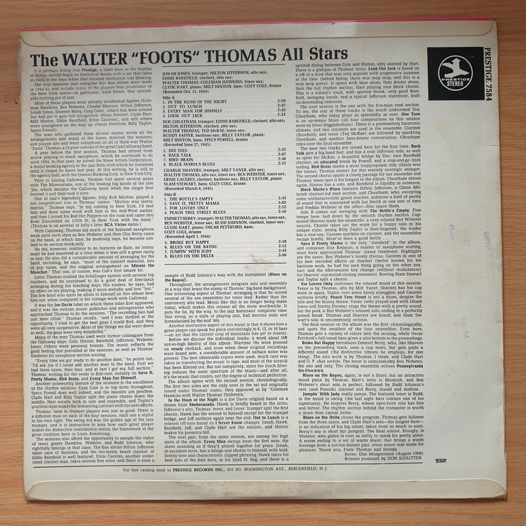 The Walter "Foots" Thomas All Stars – The Walter "Foots" Thomas All Stars -  Vinyl LP Record - Very-Good+ Quality (VG+)