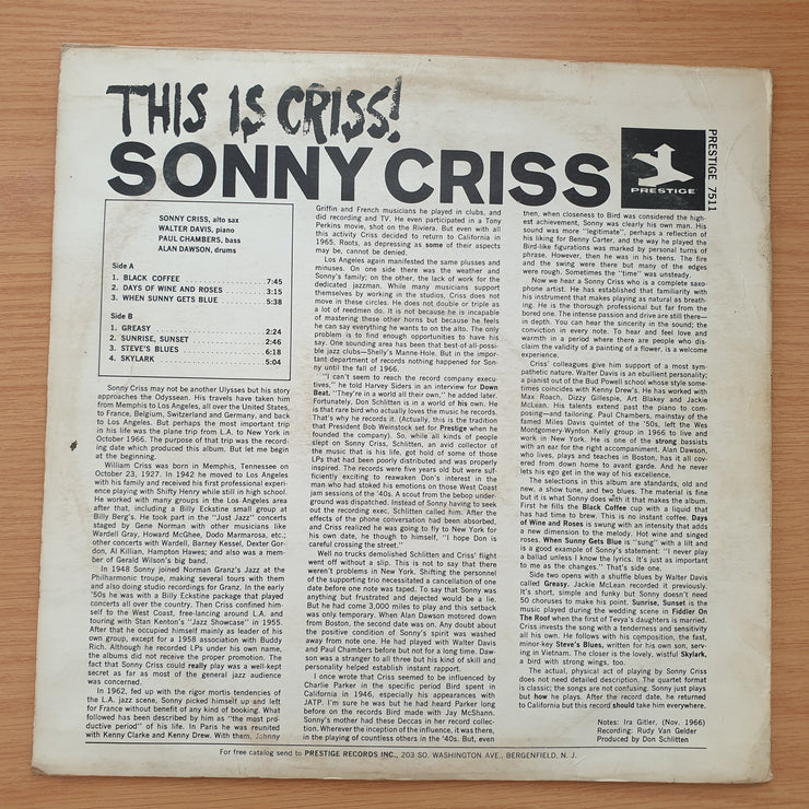 Sonny Criss – This Is Criss! - Vinyl LP Record - Very-Good Quality (VG)  (verry)(verry)
