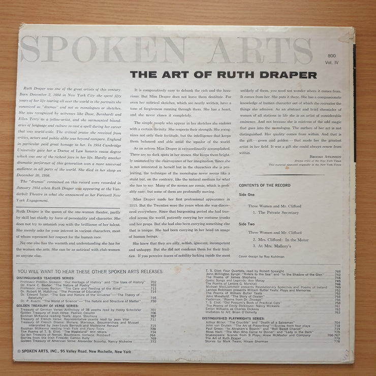 Ruth Draper – The Art Of Ruth Draper Vol. IV (Three Women And Mr. Clifford) - Vinyl LP Record - Very-Good+ Quality (VG+) (verygoodplus)