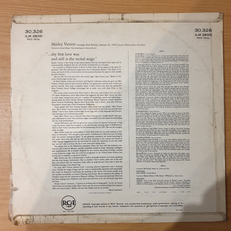Shirley Verrett – Carnegie Hall Recital - January 30, 1965 - Vinyl LP Record - Very-Good+ Quality (VG+) (verygoodplus)