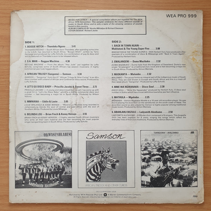 Music For Africa (Rare WEA Promotional SA Release) (Thandeka Ngono/Samson Sangoma/Louie Mhlanga/Eddie Manda....)- Vinyl LP Record - Very-Good+ Quality (VG+) (verygoodplus)