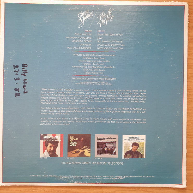 Sonny James – This Is The Love - Vinyl LP Record - Very-Good+ Quality (VG+) (verygoodplus)