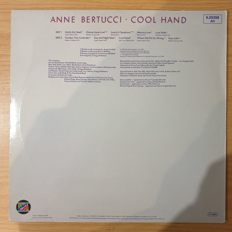 Anne Bertucci – Cool Hand - DMM (Direct Metal Mastering) - Vinyl LP Record - Very-Good+ Quality (VG+) (verygoodplus)