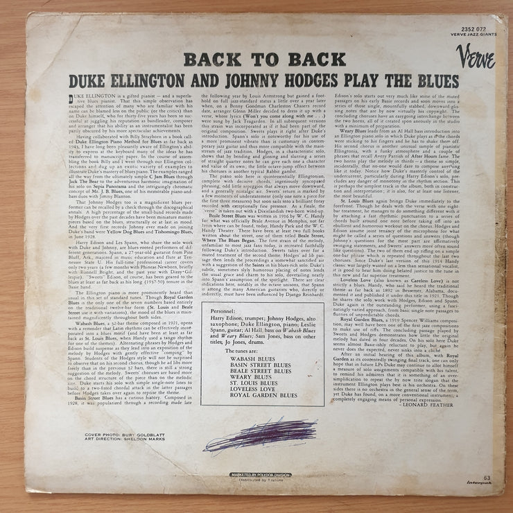 Back To Back - Duke Ellington And Johnny Hodges Play The Blues - Vinyl LP Record - Good+ Quality (G+) (gplus)
