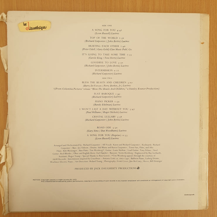 Carpenters - A Song For You - Vinyl LP Record - Very-Good- Quality (VG-) (minus)