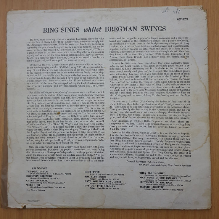 Bing Crosby, Buddy Bregman – Bing Sings Whilst Bregman Swings - Vinyl LP Record - Good+ Quality (G+) (gplus)