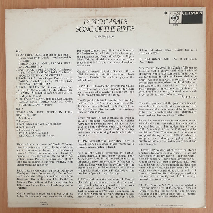 Pablo Casals – Song of the Birds And Other Pieces - Vinyl LP Record - Good+ Quality (G+) (gplus)