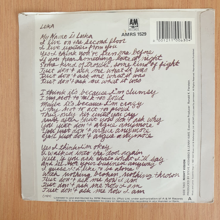 Suzanne Vega – Luka - Vinyl 7” Record  (VG+) (Aryeh)