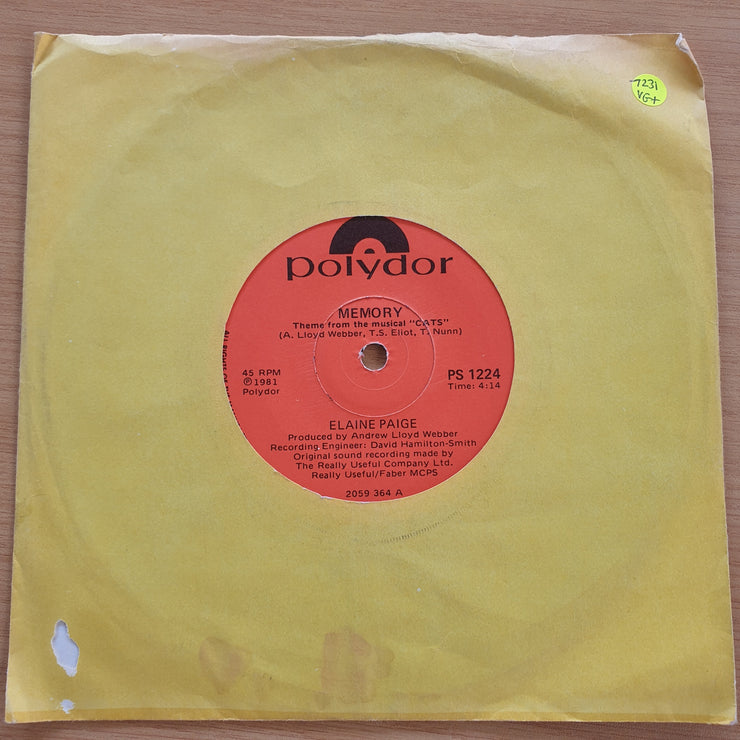 Elaine Paige – Memory - Vinyl 7” Record  (VG+) (Aryeh)