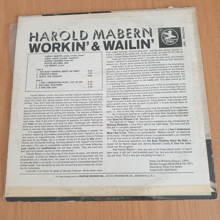 Harold Mabern ‎– Workin' & Wailin' - Vinyl LP Record - Very-Good+ Quality (VG+) (verygoodplus)