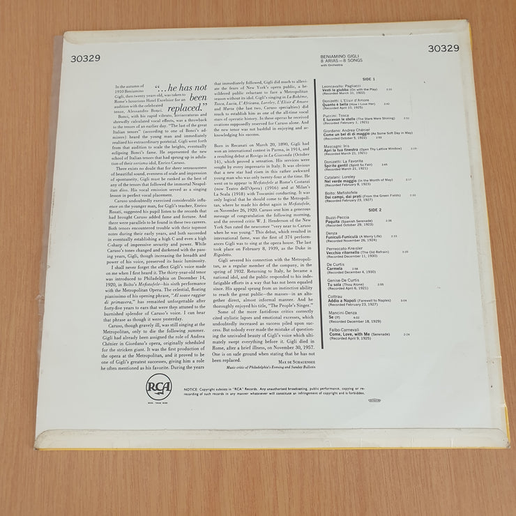 Beniamino Gigli – 8 Arias - 8 Songs – Vinyl LP Record - Very-Good+ Quality (VG+) (verygoodplus)
