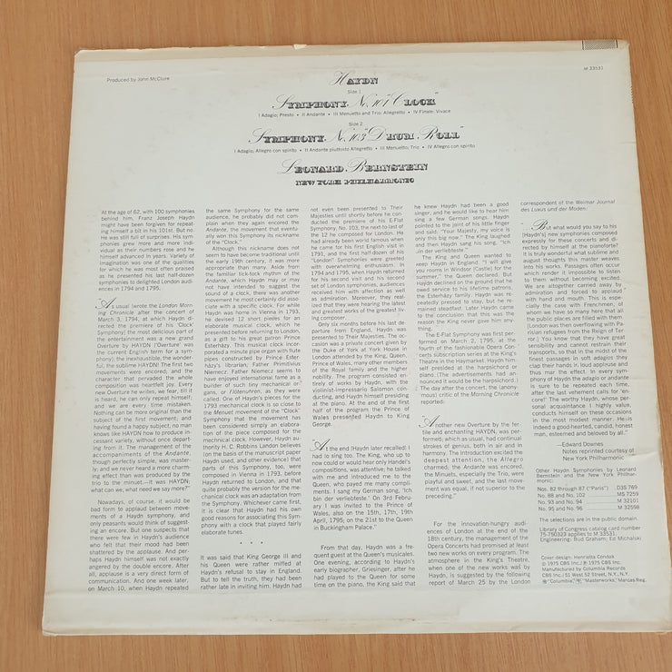 Haydn - Leonard Bernstein, New York Philharmonic – Symphony No. 101 "Clock" / Symphony No. 103 "Drum Roll" – Vinyl LP Record - Very-Good+ Quality (VG+) (verygoodplus)