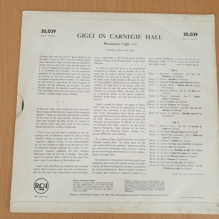 Beniamino Gigli – Gigli In Carnegie Hall – Vinyl LP Record - Very-Good+ Quality (VG+) (verygoodplus)