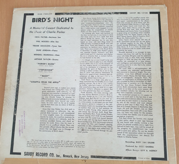 The Music Of Charlie Parker -Bird's Night – Vinyl LP Record  (G+)