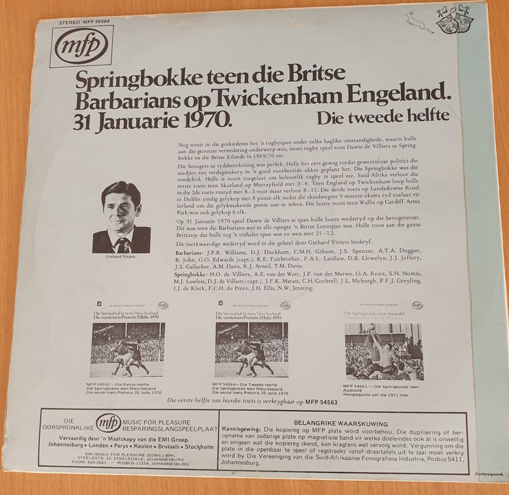 Springbokke teen die Britse - Barbarians op Twickenham Engeland 31 Jan 1970 Rugby - Vinyl LP Record (VG+)