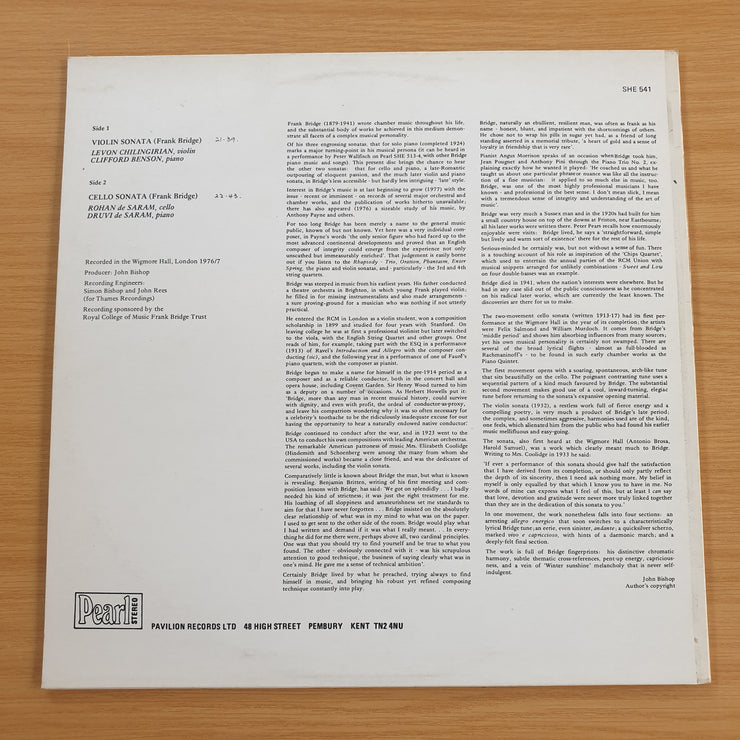 Frank Bridge - Violin Sonata ~ Cello Sonata -  Levon Chilingirian / Clifford Benson / Rohan de Saram / Druvi de Saram – Vinyl LP Record (VG+)