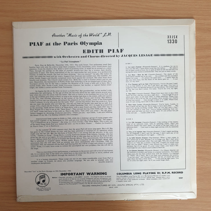 Edith Piaf – Piaf At The Paris Olympia – Vinyl LP Record (VG+)