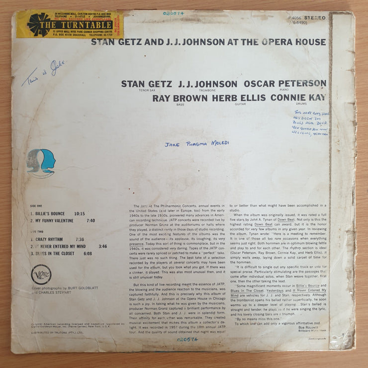 Stan Getz And J.J. Johnson – At The Opera House  - Vinyl LP Record  (G+)