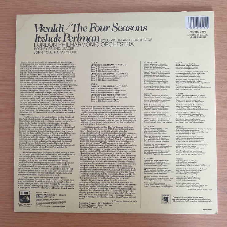 Vivaldi - The Four Seasons - Itzhak Perlman, London Philharmonic Orchestra, Rodney Friend – Vinyl LP Record (VG+)