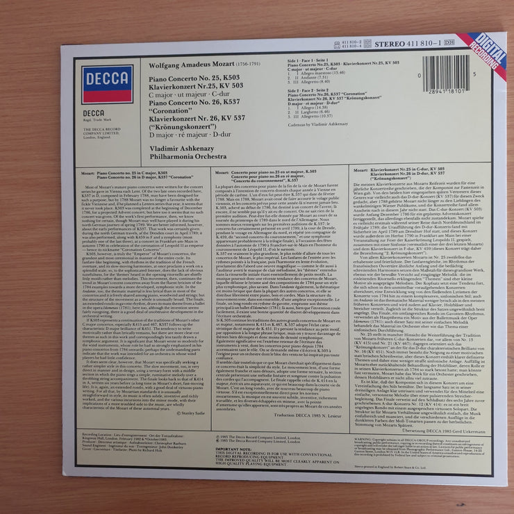 Mozart - Philharmonia Orchestra, Vladimir Ashkenazy – Piano Concertos No.25, K503 & No.26, K537  – Vinyl LP Record (VG+)