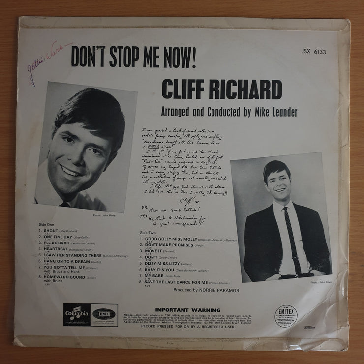 Cliff Richard – Don't Stop Me Now! - Vinyl LP Record (VG+)