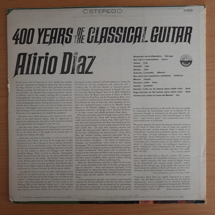 Alirio Diaz – 400 Years Of The Classical Guitar - Vinyl LP Record (VG+)