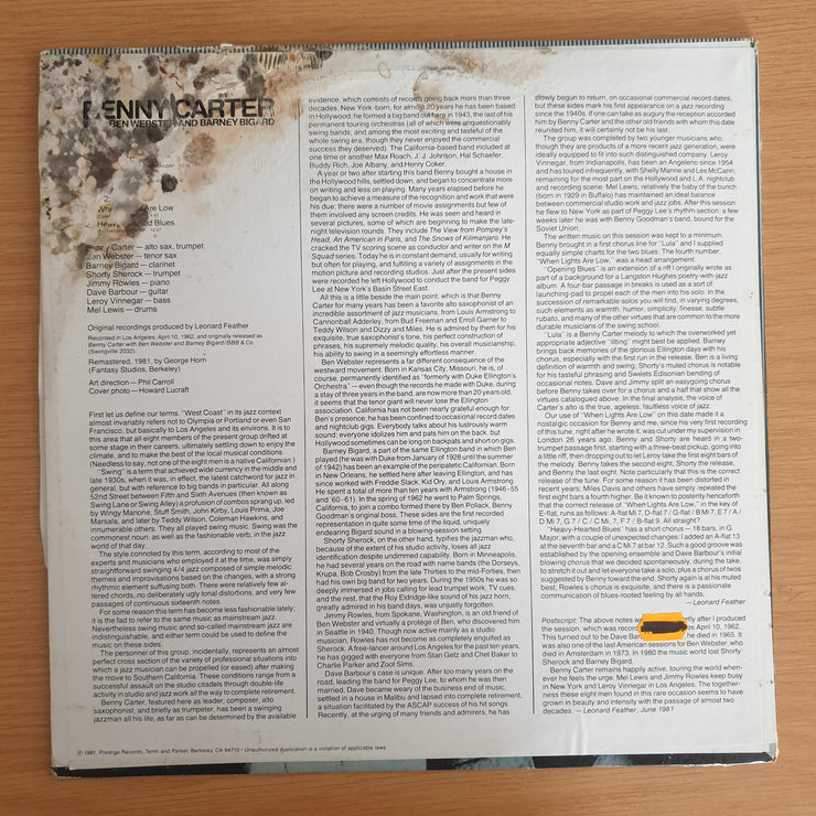 Benny Carter with Ben Webster and Barney Bigard - Opening Blues - Vinyl LP Record  (VG+)