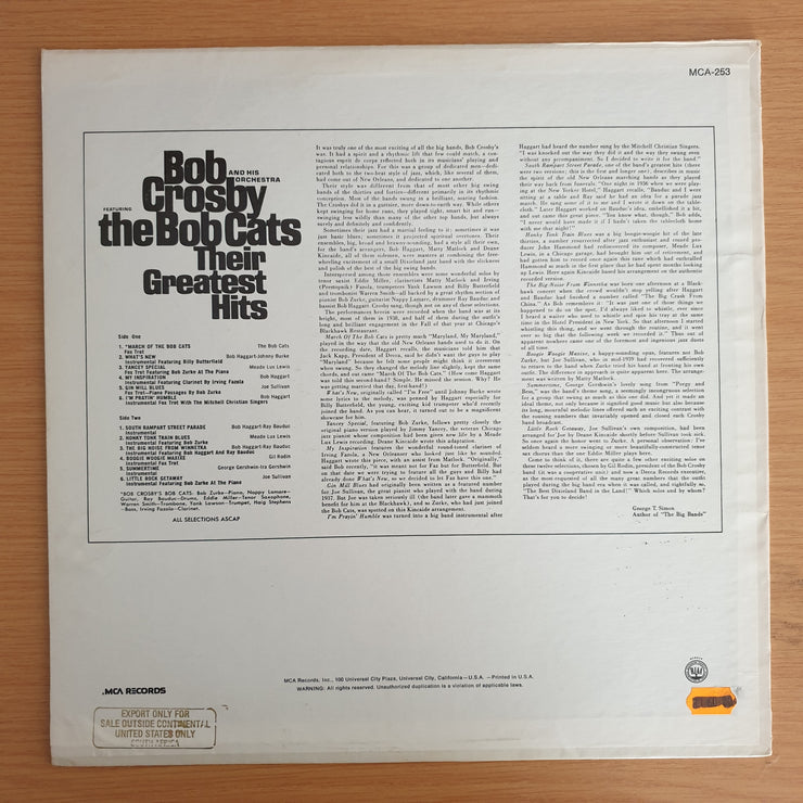 Bob Crosby And His Orchestra Featuring The Bob Cats – Their Greatest Hits – Vinyl LP Record  (VG+)