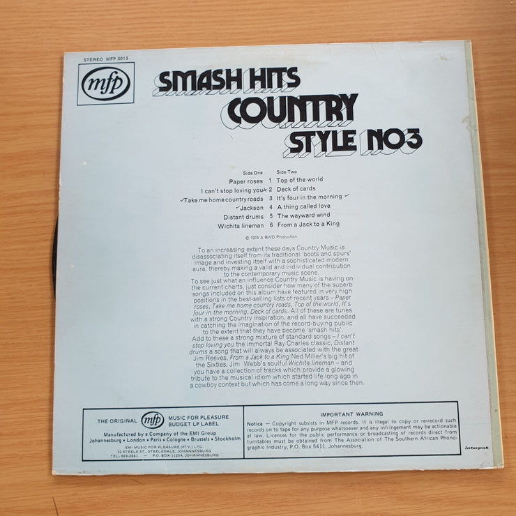 Smash Hits Country Style - Original Hits - Vol 3  – Vinyl LP Record (VG+)