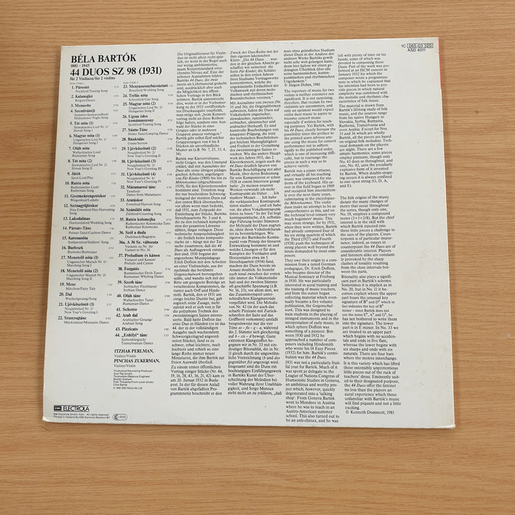 Bartók - Itzhak Perlman & Pinchas Zukerman – Duos Für Zwei Violinen – Vinyl LP Record (VG+)