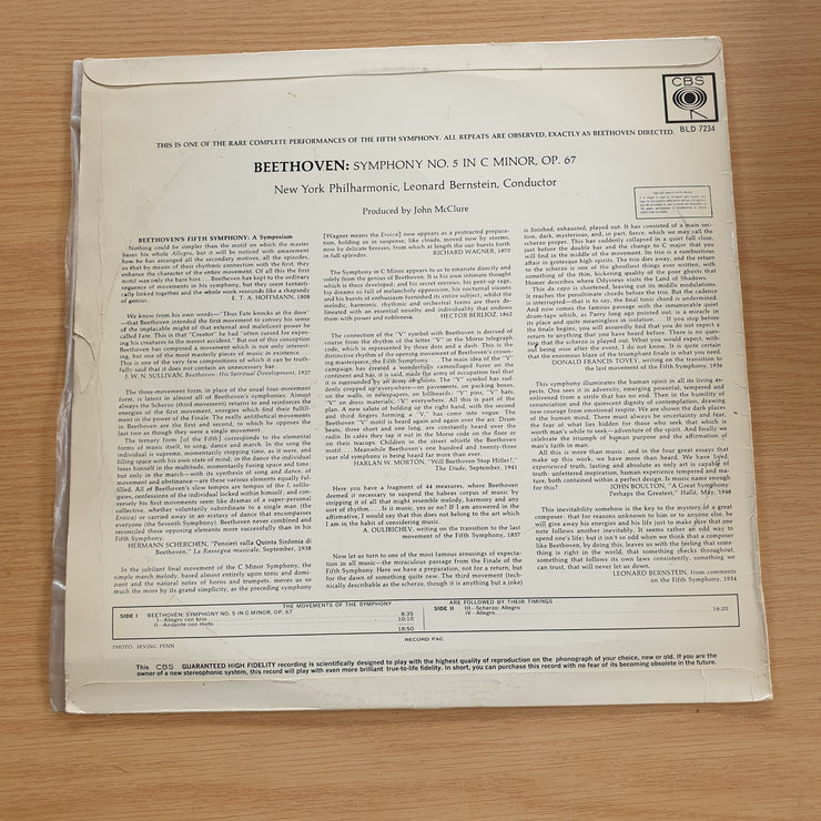 Beethoven - Bernstein - New York Philharmonic – Fifth Symphony - Vinyl LP Record  (VG+)