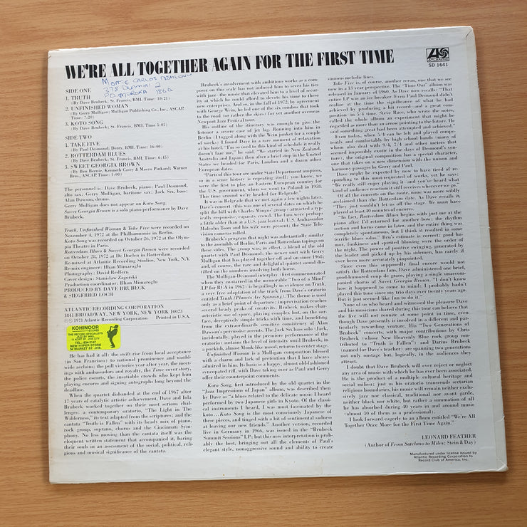 We're All Together Again For The First Time - Dave Brubeck, Gerry Mulligan, Paul Desmond, Alan Dawson, Jack Six - Vinyl LP Record  (VG)