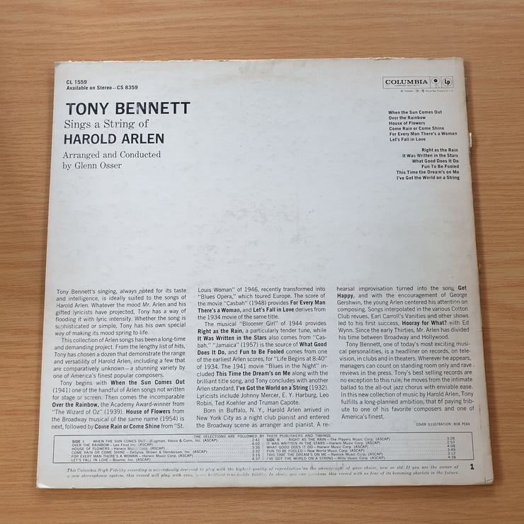 Tony Bennett – Sings A String Of Harold Arlen - Vinyl LP Record (VG+)