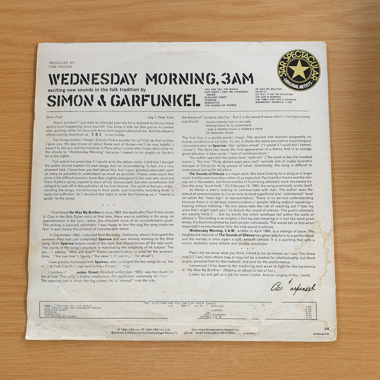 Simon & Garfunkel ‎– Wednesday Morning, 3 A.M. - Vinyl LP Record - Very-Good+ Quality (VG+)