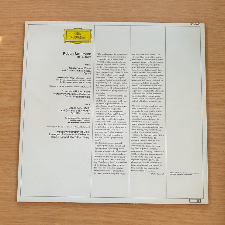 Schumann, Richter, Rostropovich – Piano Concerto - Cello Concerto - Vinyl LP Record  (Mint) (SCD)