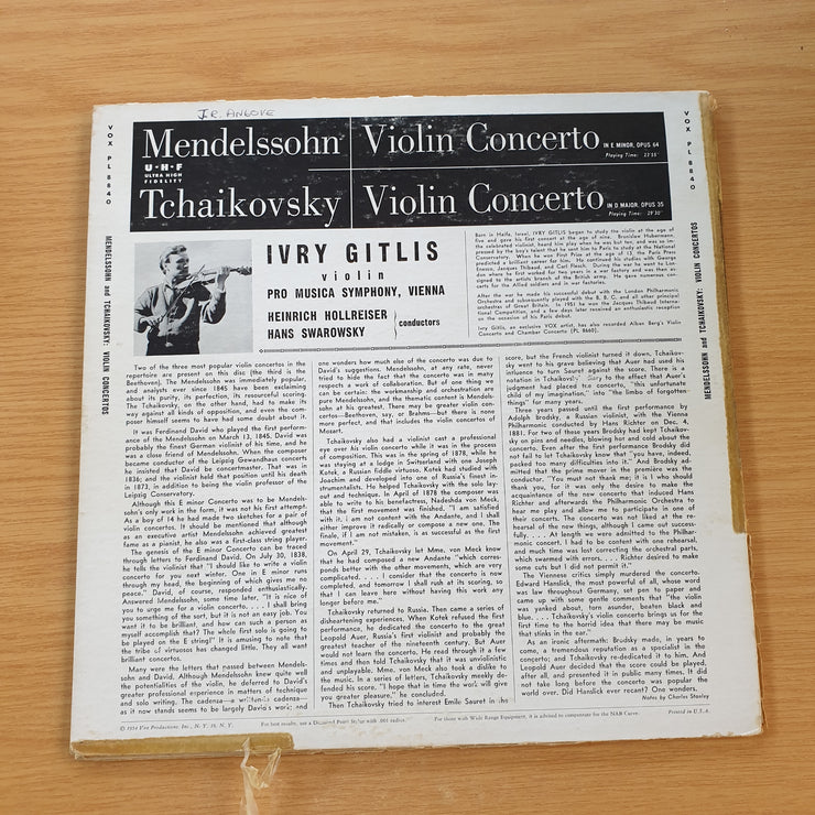 Mendelssohn, Tchaikovsky, Ivry Gitlis, Pro Musica Orchestra, Vienna, Heinrich Hollreiser, Hans Swarowsky – Violin Concerto In E Minor / Violin Concerto In D Major - Vinyl LP Record (VG+) (SCD)