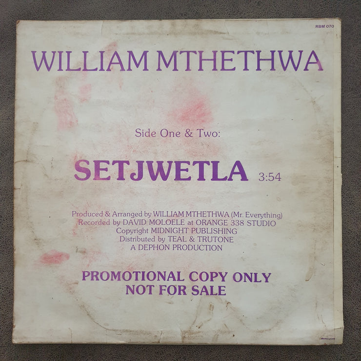 William Mthethwa – Setjwetla - Rare Promotional Vinyl LP Record (VG-) (minus)