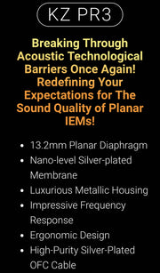 KZ Acoustics - KZ PR3 - Planar Magnetic 13,2mm Driver Earphones - (Black) (No Mic) (In Stock)