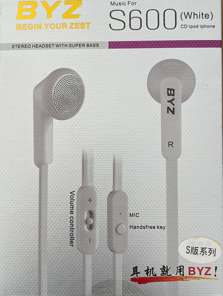 BYZ - S600 Super Bass Flat Earphone 10mm Dynamic Driver with Mic and in-line Controls (Incl Sliding Volume control) for phones and computers (White)(In Stock)