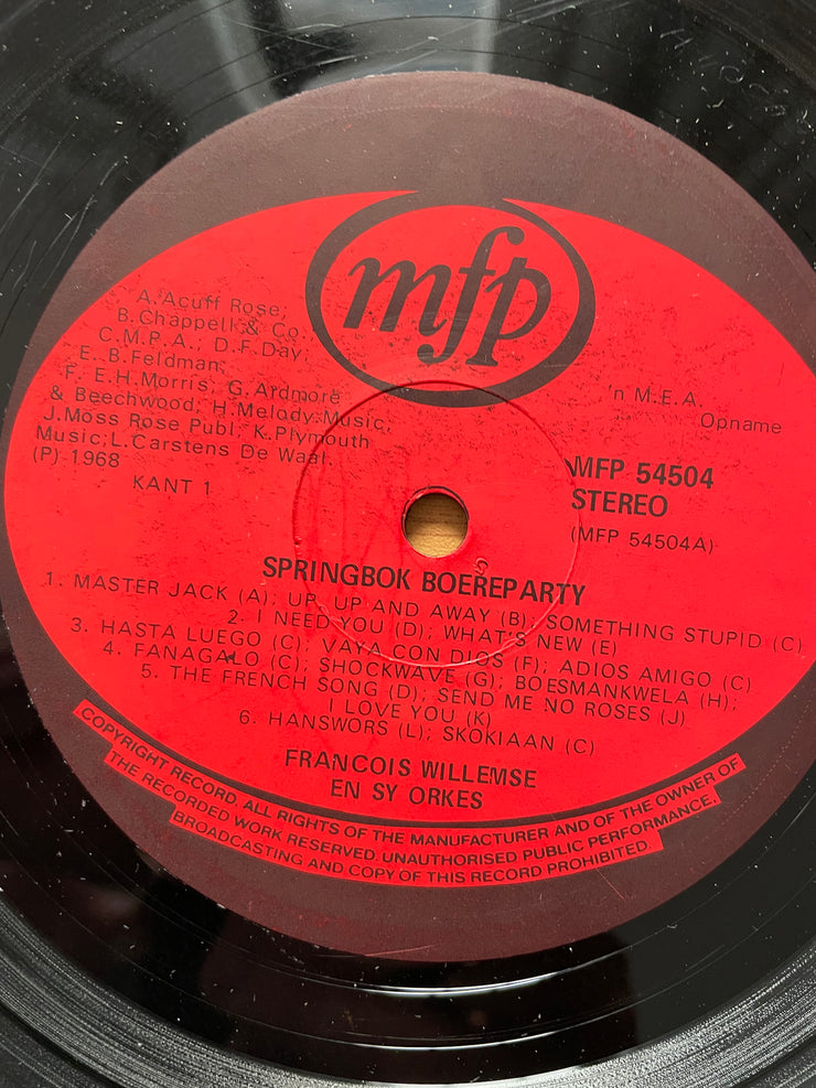 Springbok Boere Party – Francois Willemse  en Sy Orkes - Vinyl LP Record - Very-Good Quality (VG) (verry) (Skemer-Vuurtjie)