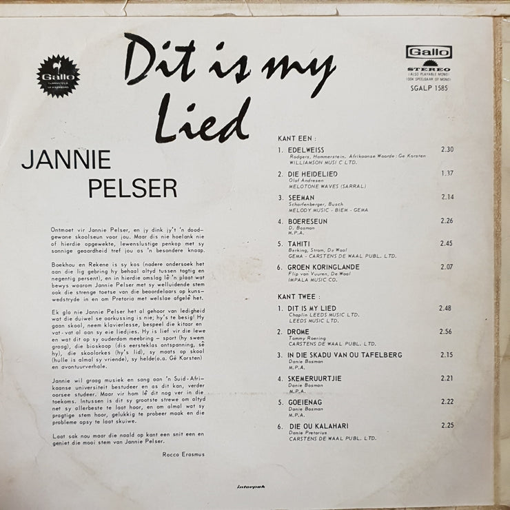 Jannie Pelser - Dit Is My Lied - Vinyl LP Record - Opened  - Very-Good- Quality (VG-) - C-Plan Audio