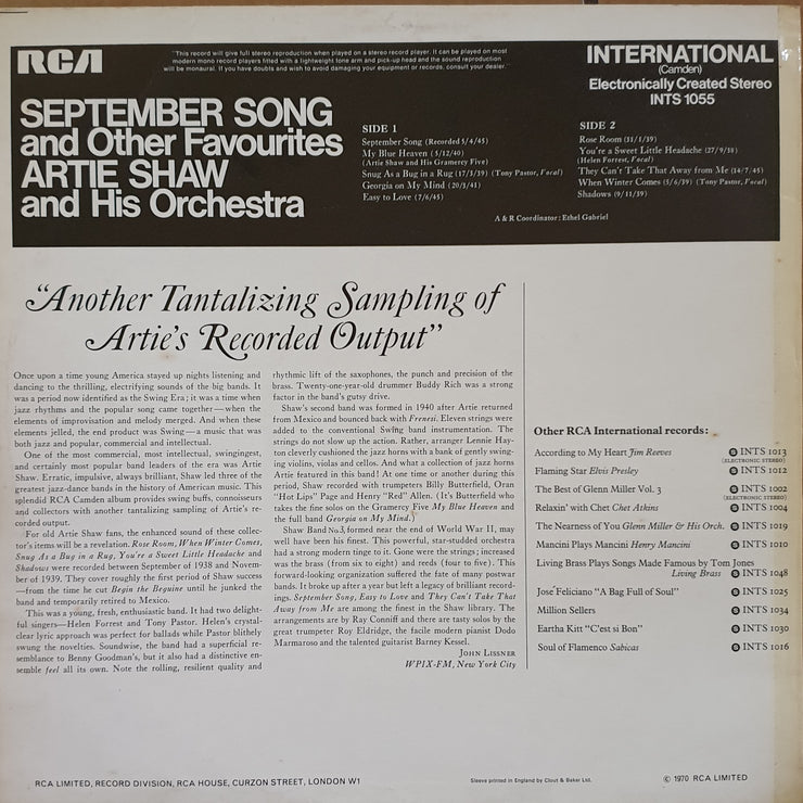 Artie Shaw And His Orchestra ‎– "September Song"  -  Vinyl LP Record - Very-Good+ Quality (VG+) - C-Plan Audio