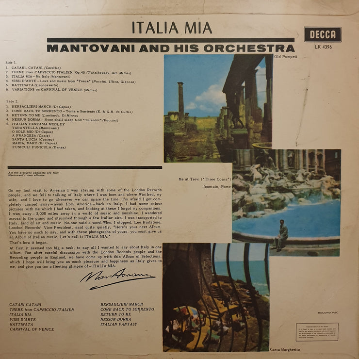 Mantovani - Italia Mia  - Vinyl LP Record - Opened  - Fair Quality (F) - C-Plan Audio