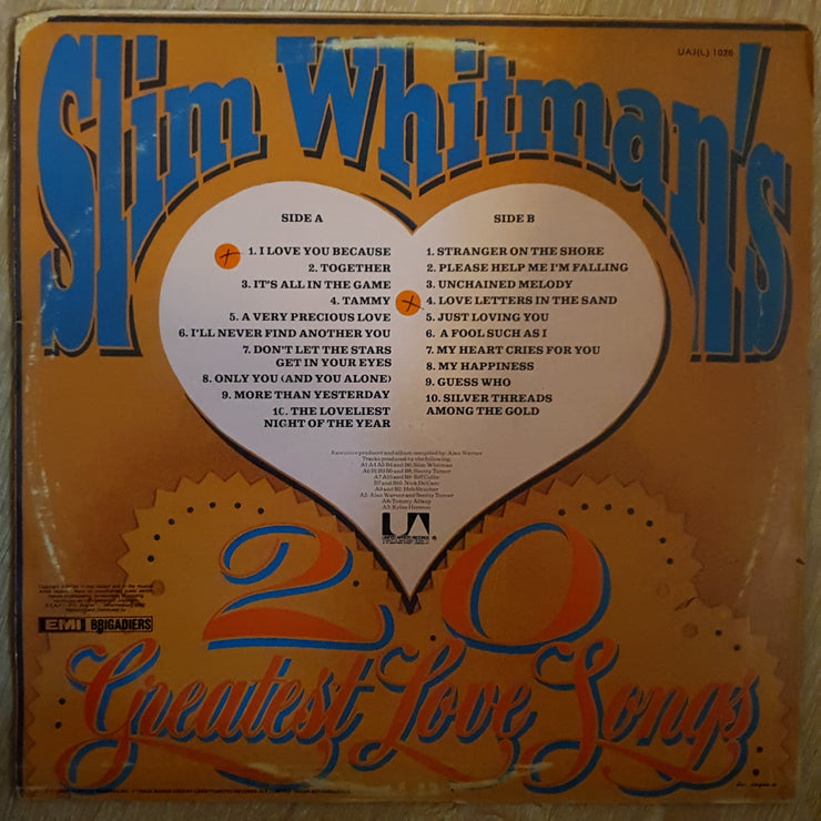 Slim Whitman ‎– Slim Whitman's 20 Greatest Love Songs -  Vinyl LP Record - Very-Good+ Quality (VG+) - C-Plan Audio