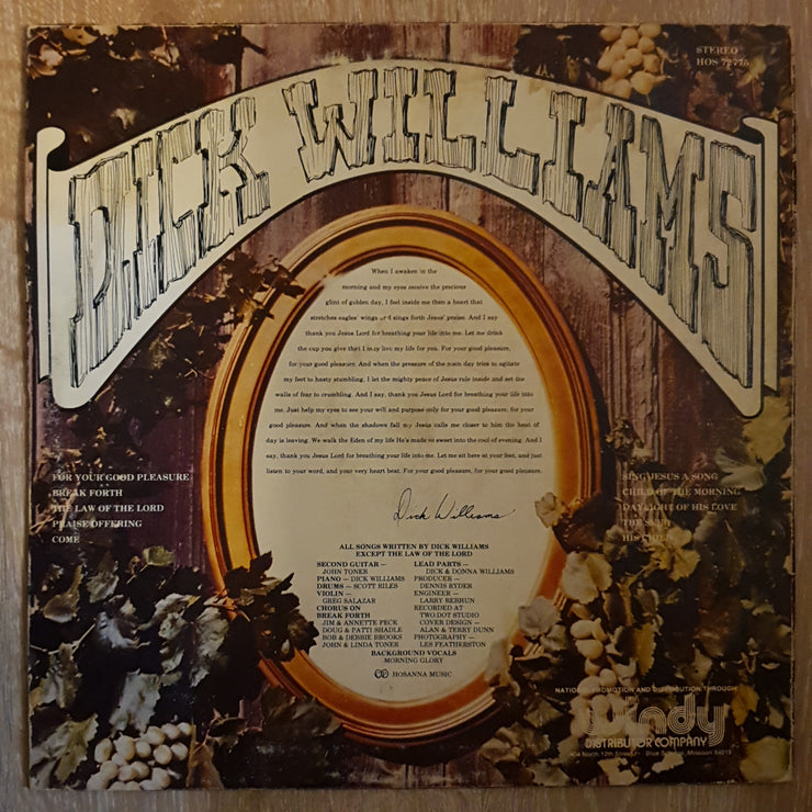 Dick Williams – For Your Good Pleasure - Vinyl LP Record - Very-Good+ Quality (VG+) - C-Plan Audio